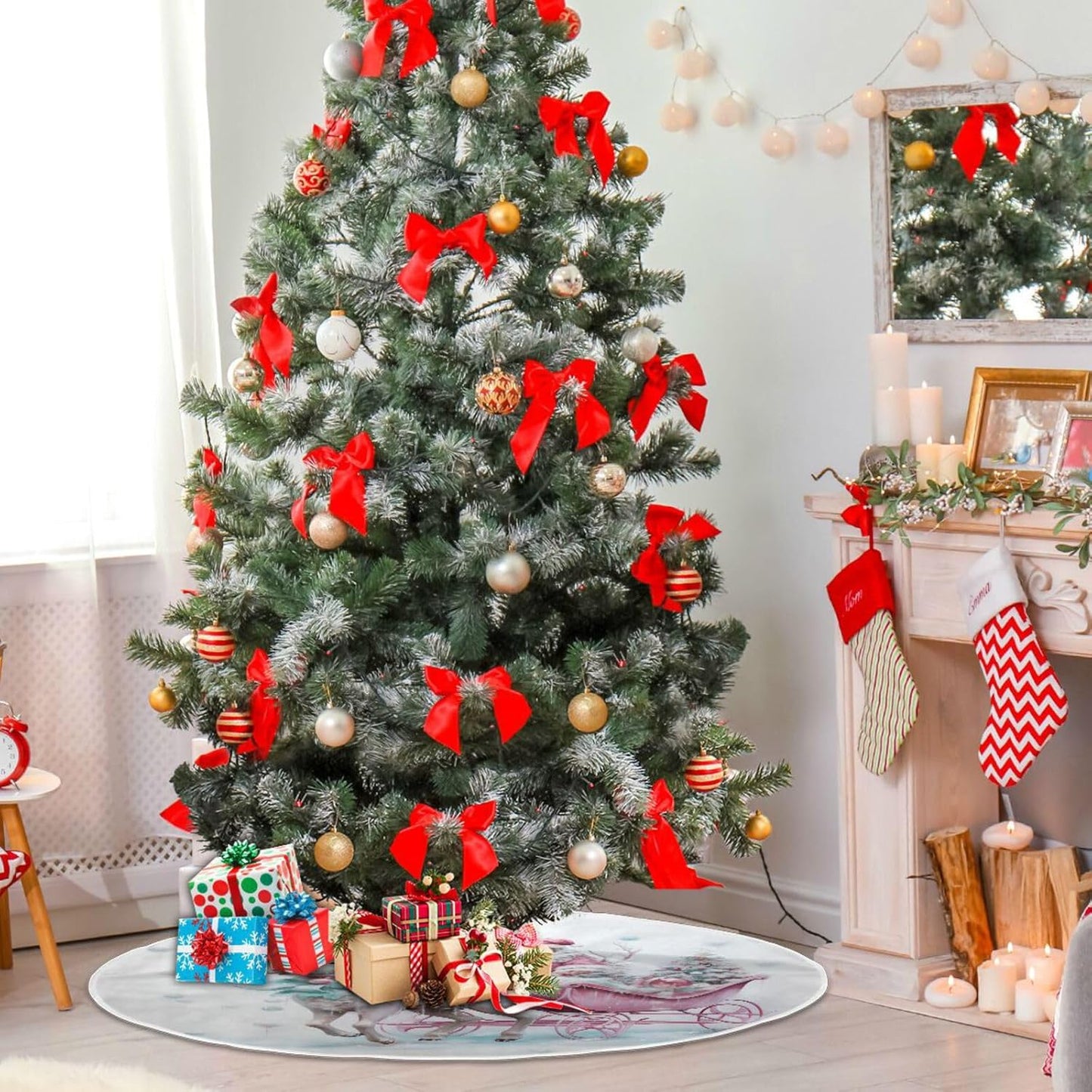 Christmas Tree Skirt, 48 Inch Santa Claus Pink Reindeer Xmas Tree Mat for New Year Party Decorations