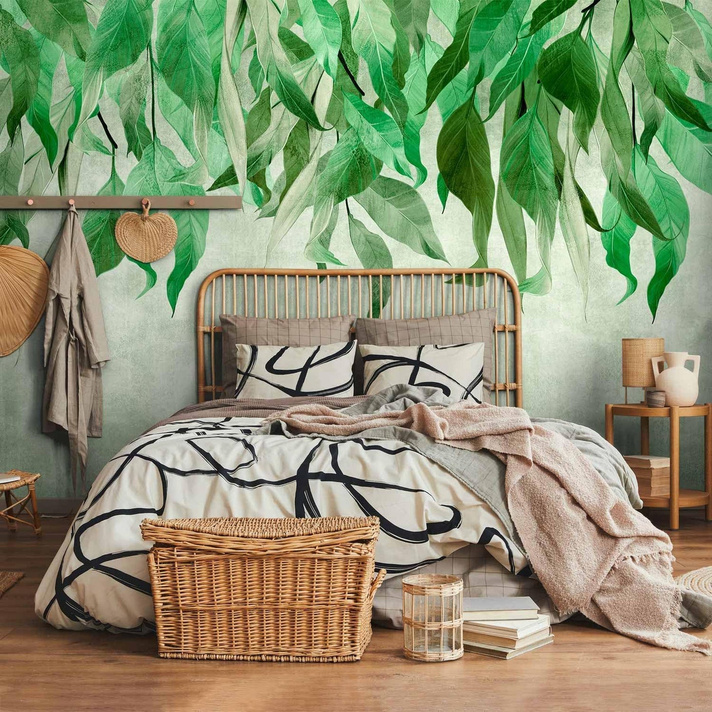 artgeist Wall Mural Hanging Leaves 116x83 in - Peel and Stick Self-Adhesive Wallpaper Removable Large Sticker Foil Wall Decor Print Picture Image Design Nature Botanical Concrete Green b-C-10146-a-a
