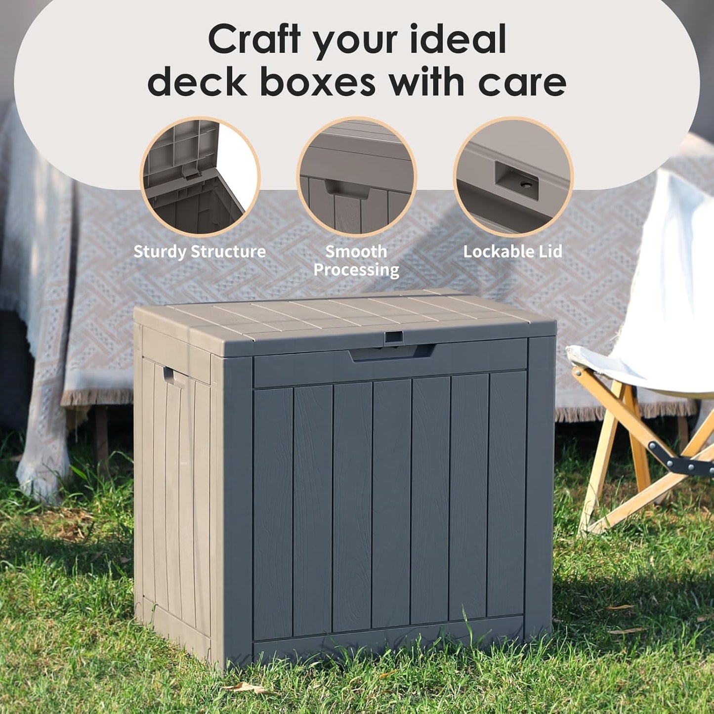 Vixzen 30 Gallon Resin Deck Box - Lockable Outdoor Storage for Patio Cushions, Garden Tools, Pool Supplies，Grey