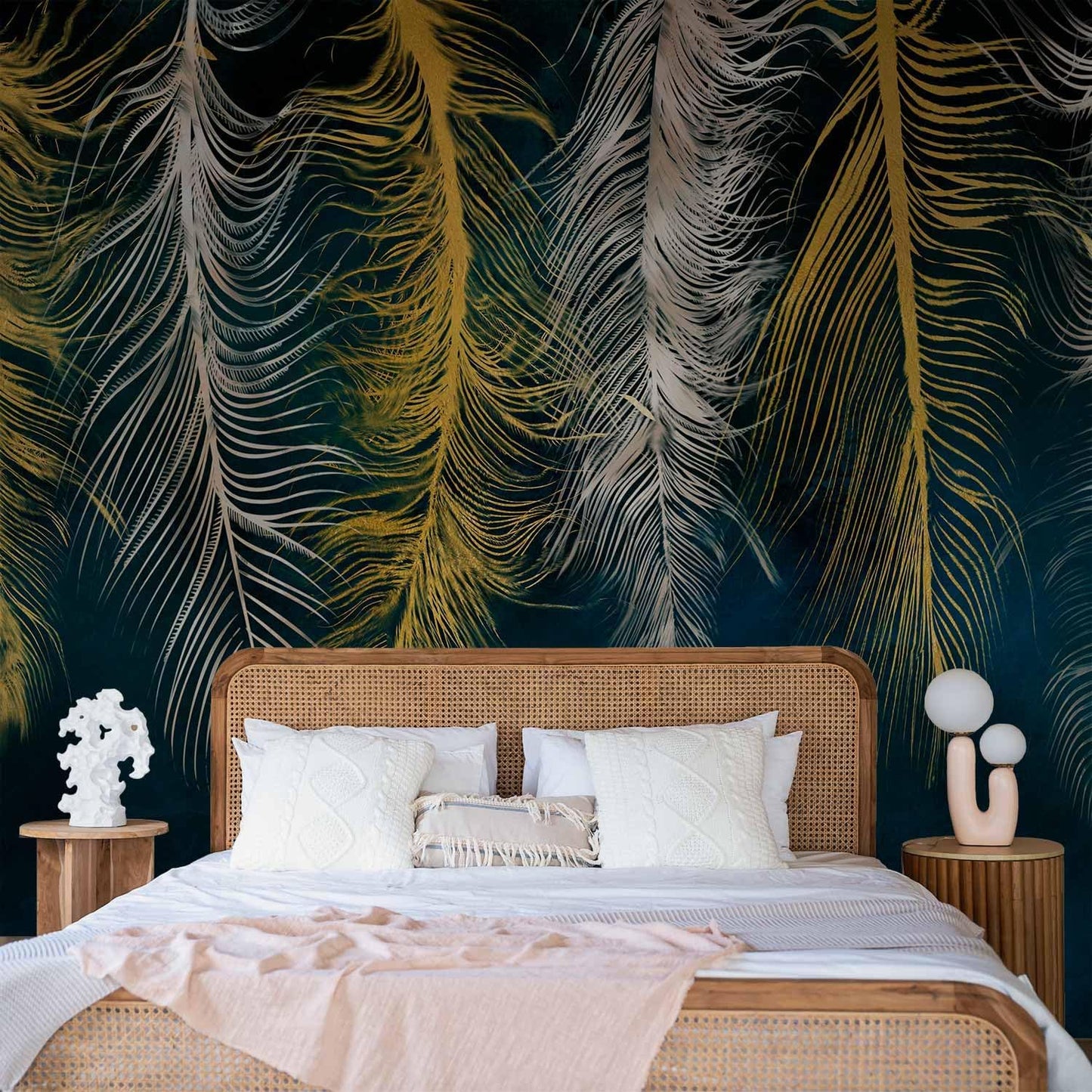 artgeist Premium Wall Mural Feather 138x101 in - Non-Woven Wallpaper Fleece Wall Decor Photo Print Picture Image Design Landscape Abstract Beige Navy Blue b-A-0812-a-a