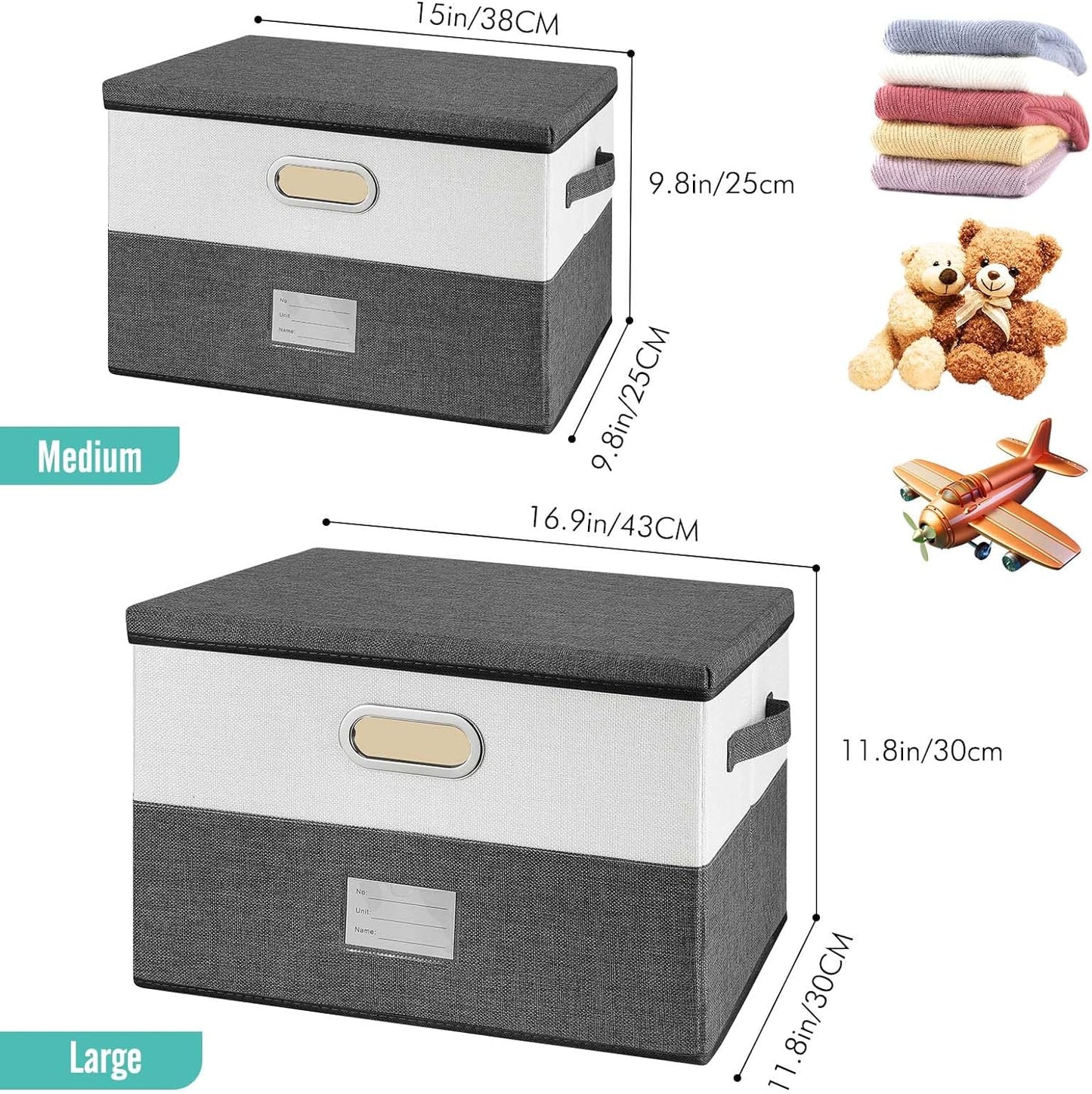Large Linen Fabric Foldable Storage Bins with Removable Lid and Handles, Washable Storage Box Organizer Containers Baskets Cube with Cover for Bedroom,Closet,Office(Coffee&Cream, Large)