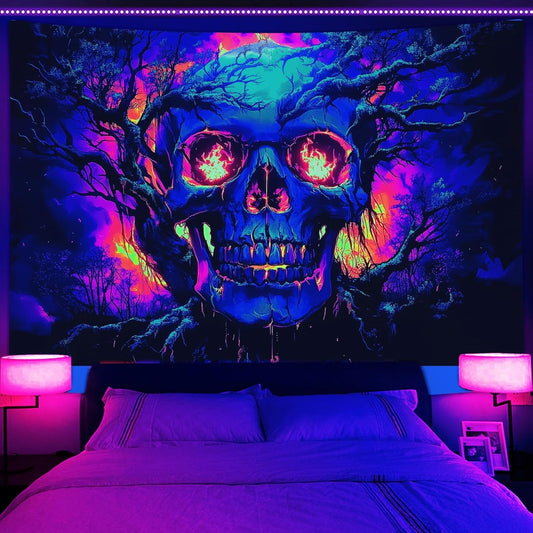 Xiaoput Blacklight Fire Skull Tapestry for Bedroom, Trippy UV Reactive Burning Skeleton Forest Wall Hanging Tapestries, Scary Dark Horror Glow in the Dark Tapestries for Living Room Home Dorm 60X40IN