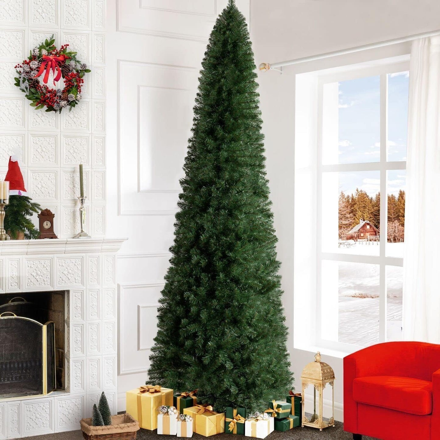 Naomi Home 9ft Slim Christmas Tree with Lights Realistic Skinny Pencil Christmas Tree Prelit with 1455 Branch Tips 500 Warm Lights and Metal Stand Aritificial Tree Árbol De Navidad