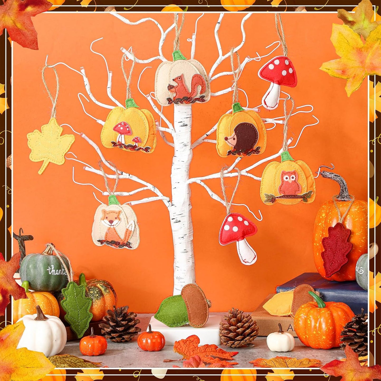 12 Pcs Fall Thanksgiving Tree Decoration 3D Felt Pumpkin Maple Leaf Hanging Felt Pumpkin Hanging Ornaments Fall Decoration 3.15 Inch for Farmhouse Harvest Autumn