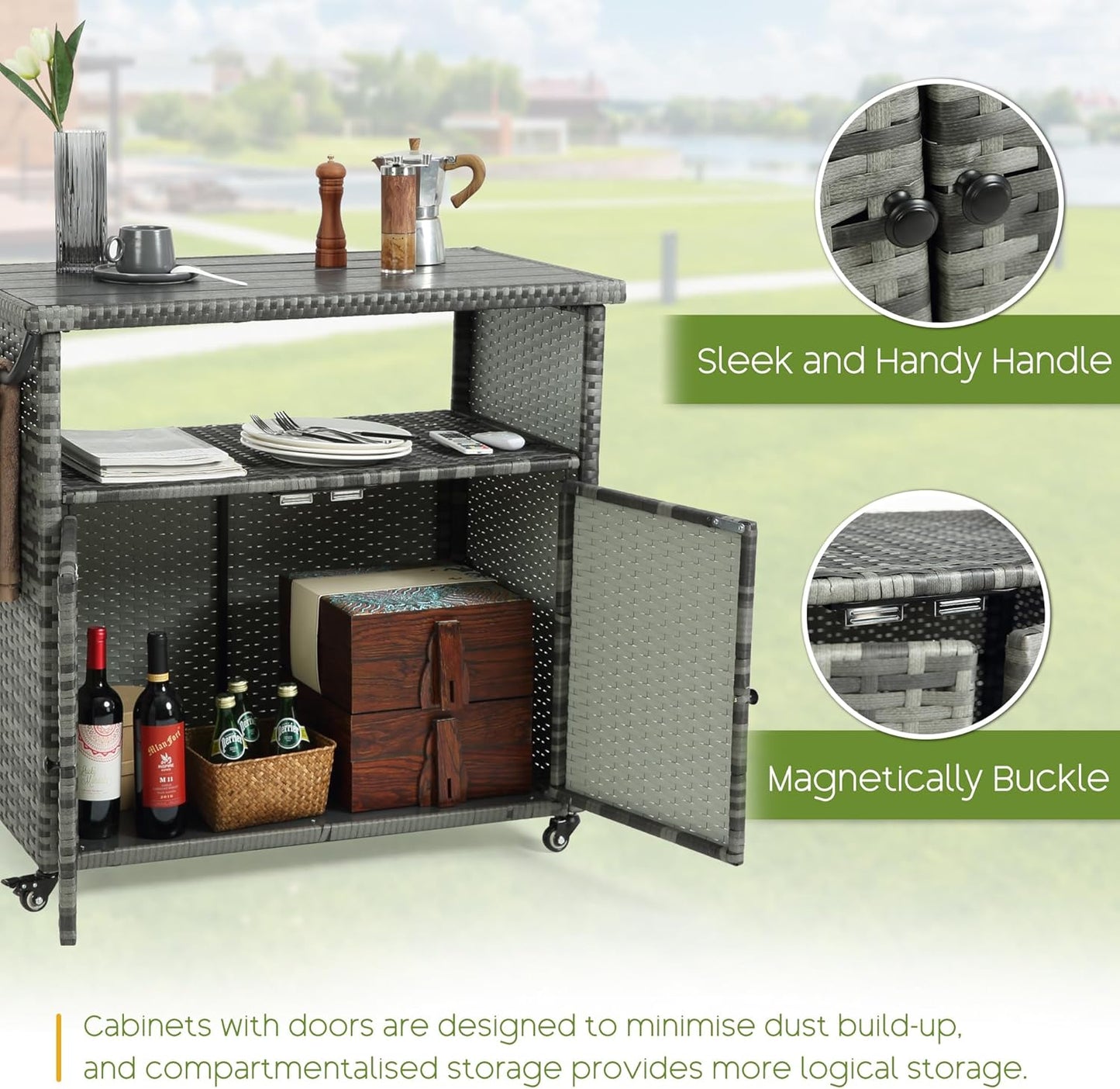 Wicker Outdoor Bar Cart - Gray Gradient Patio Console Storage Table Buffet Cabinet Serving Kitchen Cart with Wheels for Outside Backyard