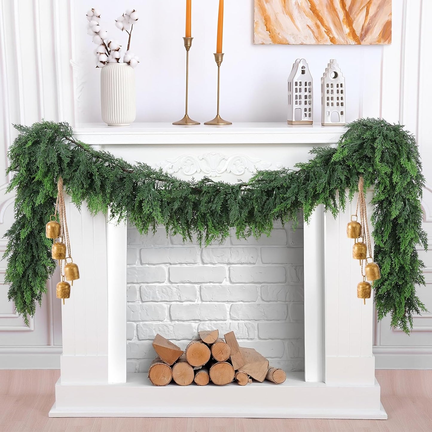 Hananona 6 FT 2 Pcs Artificial Cedar Garlands, Real Touch Winter Cedar Garland, Green Artificial Greenery Pine Garland for Table, Mantle, Wall, Indoor, Outdoor Christmas Decorations (2, 6 FT)