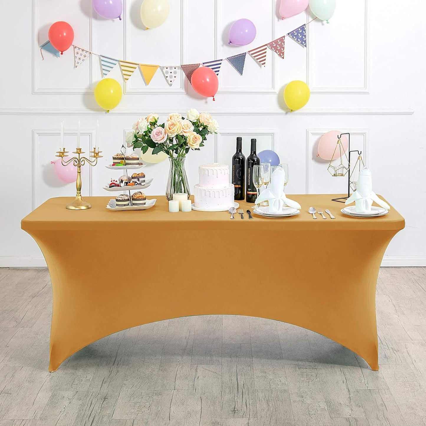 2Pack Spandex Table Cover for 4FT or 6ft or 8ft Table Universal Fitted Stretch Tablecloth for Party, Banquet, Wedding and Events-Gold