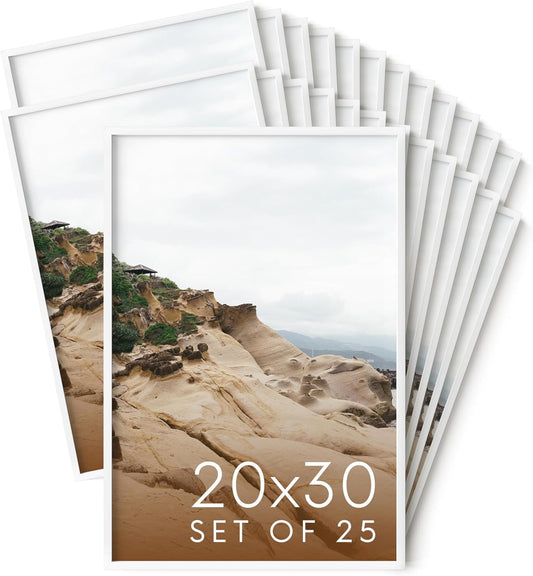 HAUS AND HUES 20x30 White Metal Picture Frames - Features Premium Aluminum, Vertical & Horizontal Hang, Shatterproof Plexiglass - Perfect for Home, Room, Office (20x30 in, White, Set of 25)