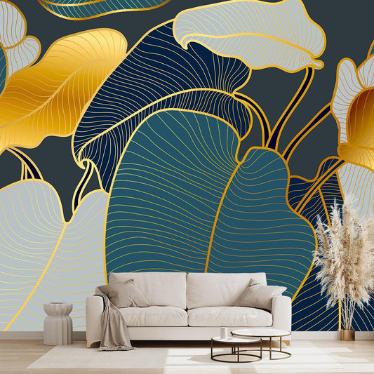 Golden Botanical Leaf wallpeper Living Room Bedroom Wall Mural - 137"x96"（Not Peel and Stick）