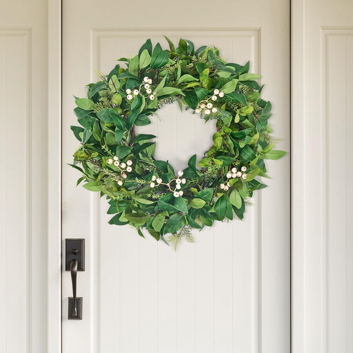 GENMOUS 24 Inch Christmas Wreaths for Front Door, Green Cypress Leaves Wreath with Cedar Laurel White Berries, All Season Indoor Outdoor Wedding Holiday Christmas Home Wall Door Porch Decor