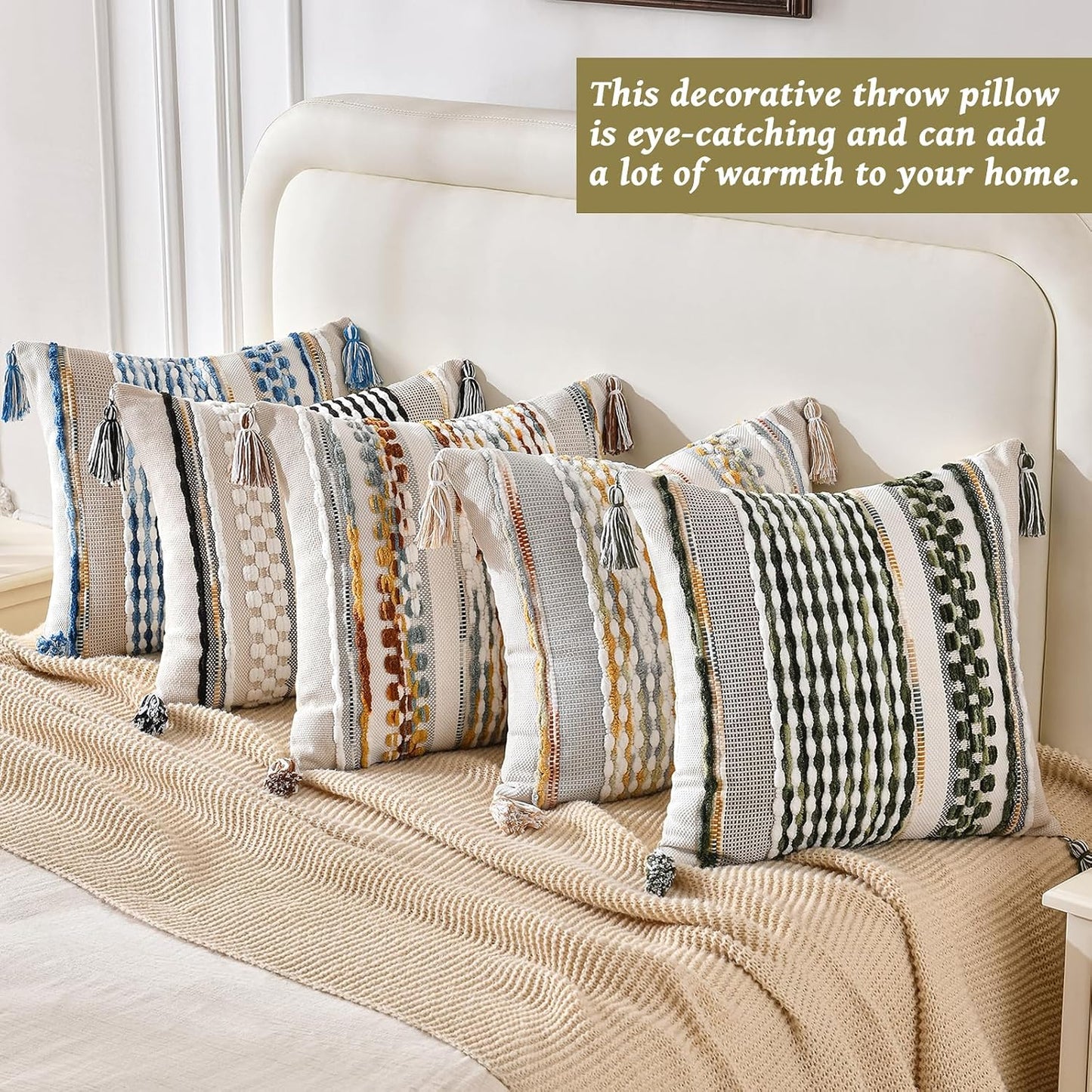 AmHoo Chenille Striped Textured Boho Throw Pillow Covers Aesthetic with Tassels Woven Decorative Pillow Case for Couch Bed Sofa Bedroom Modern Funky 18 x 18-Inch Black