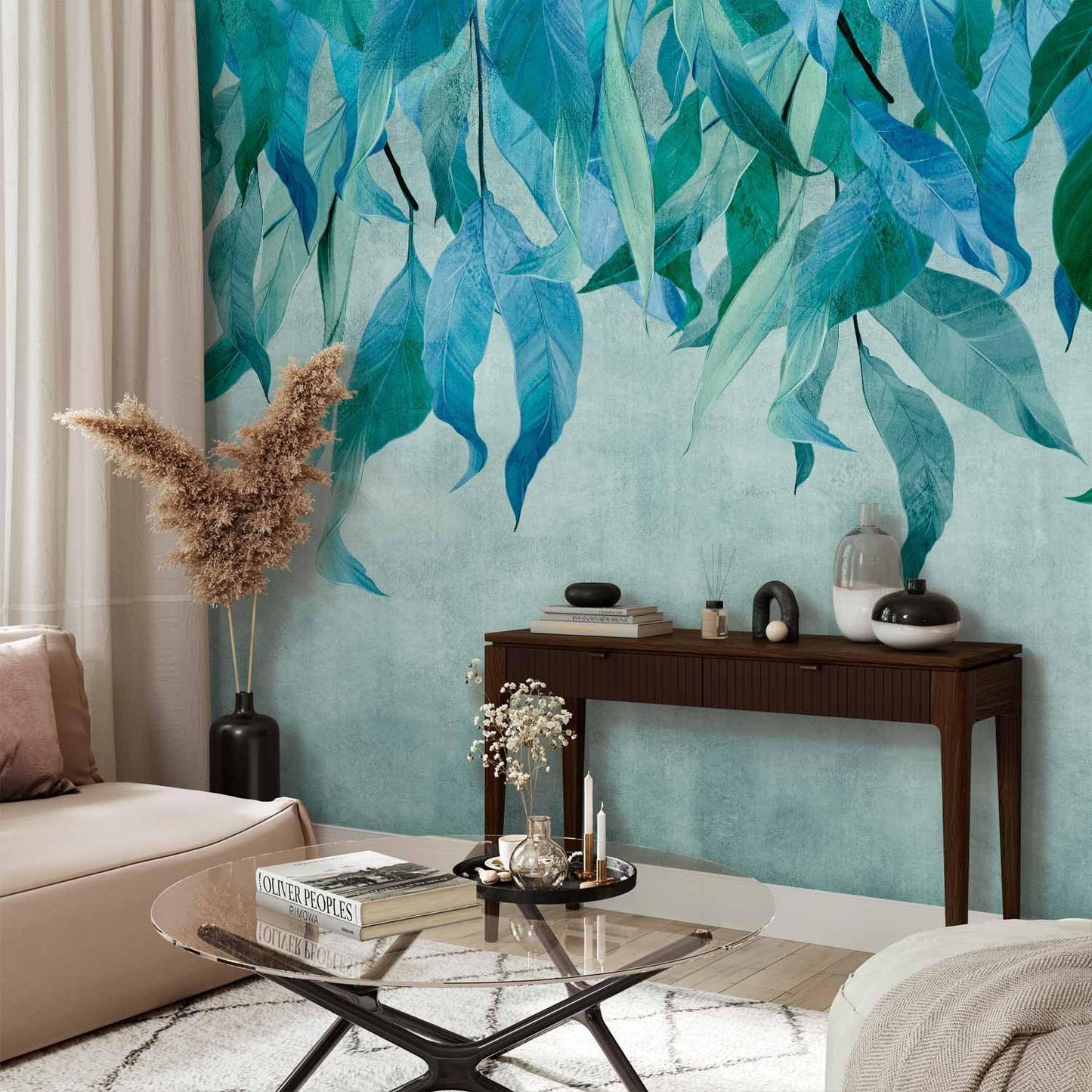 artgeist Wall Mural Hanging Leaves 98x69 in - Non-Woven Wallpaper Fleece Wall Decor Photo Print Picture Image Design Nature Botanical Concrete Green Blue b-C-10146-a-b
