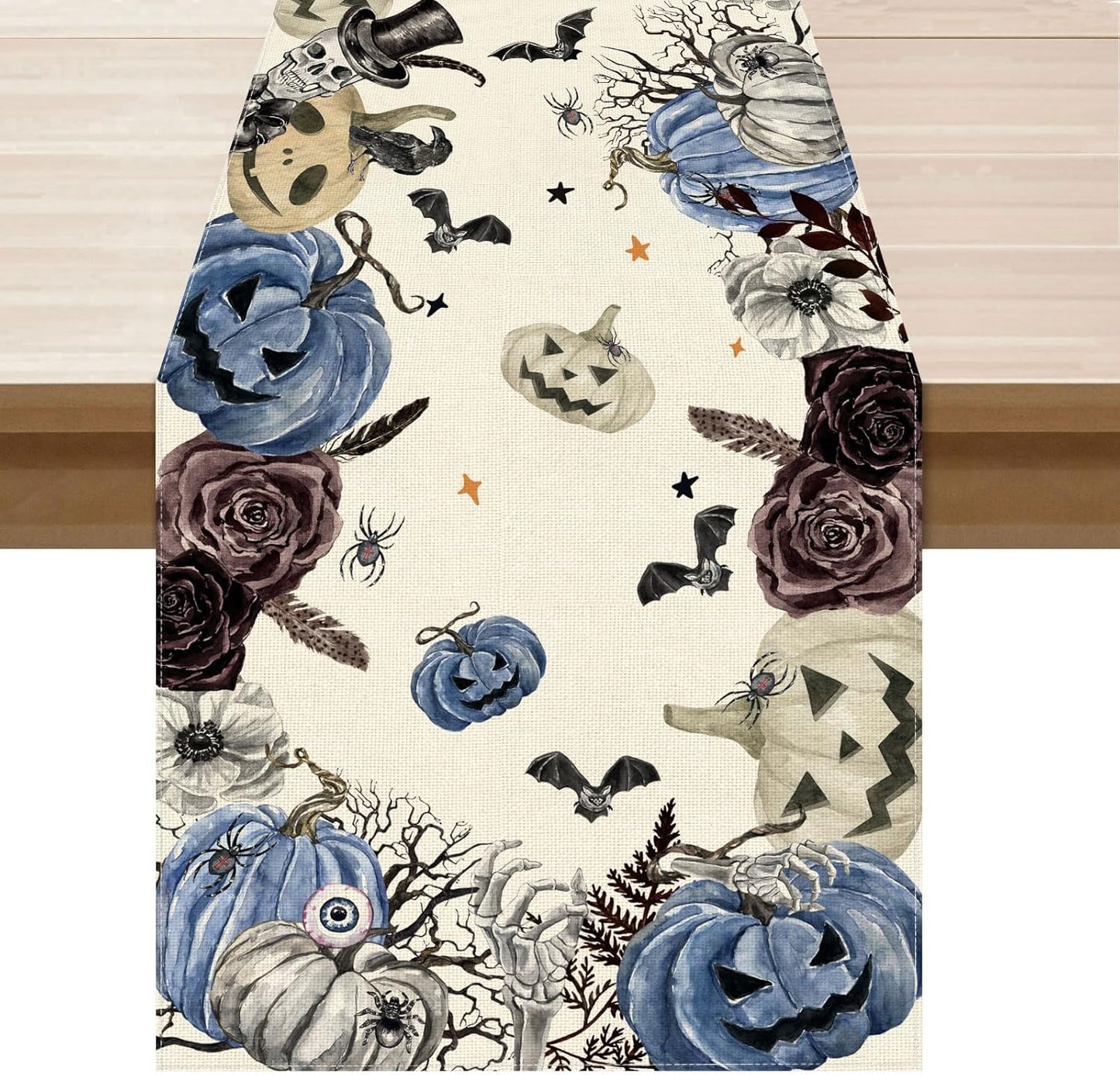 XCHI Spooky Blue Pumpkin Halloween Table Runner Party Table Decoration for Home Kitchen Dining Holiday Decor 13x108 Inch
