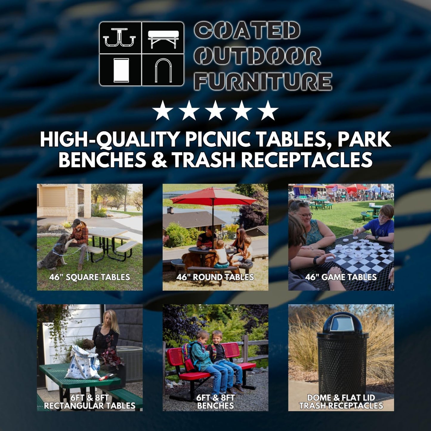 Heavy-Duty Portable Outdoor Picnic Table with Umbrella Hole, Punched Steel Patio Dining Furniture Made in America (46" Round Top, Textured Sandstone)