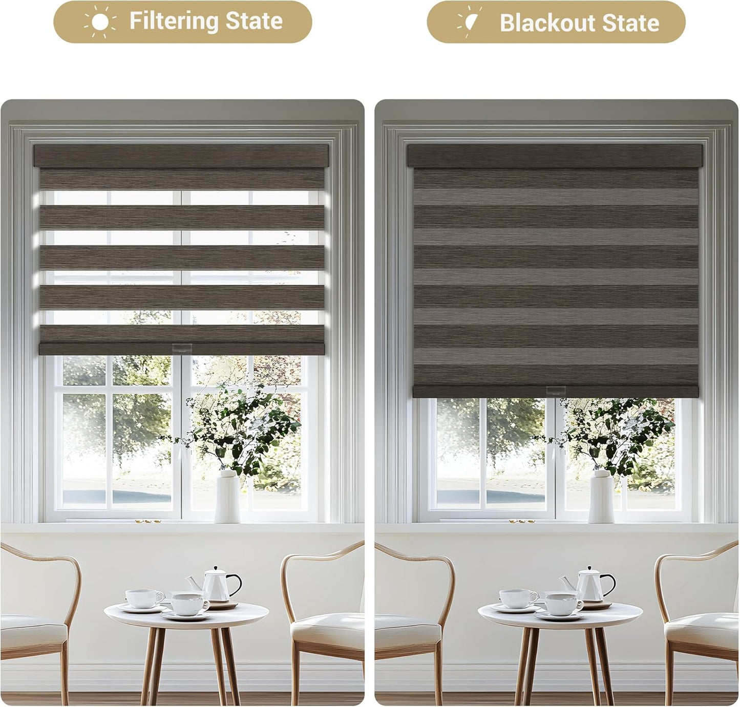 Cordless Zebra Blinds for Windows, Blackout Interior Blinds,Easy to Install,UV Protection,for Offices and Home,Custom Roller Shades, Mousse Dark Bown,81" W x 80" H