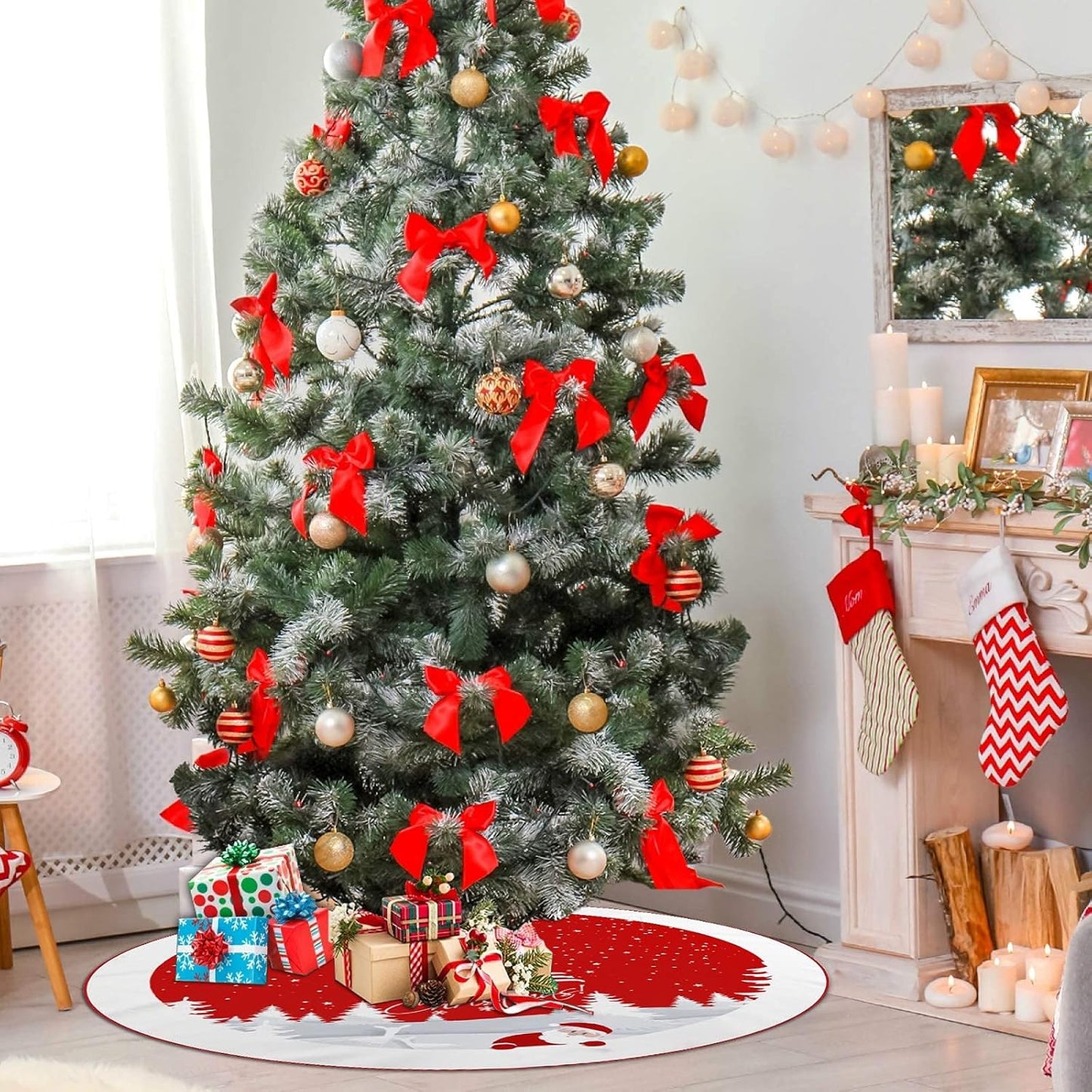 Christmas Tree Skirt Red Xmas Tree Ornaments for White Soft Plush Christmas Tree Mat with Snowy Pattern for Decorations Holiday Party 48 inches