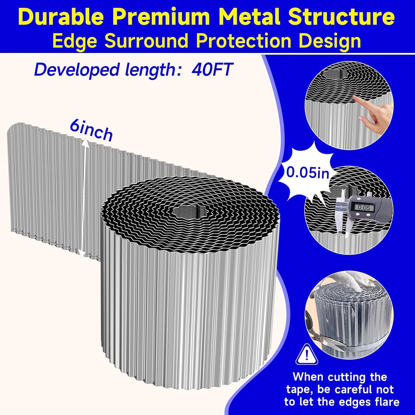 Corrugated Garden Edging,6"×40Ft Galvanized Steel Landscape Edging & Lawn Edging Border,Metal Garden Border for Flower Beds,Garden,Lawn,Raised Beds & Tree Surrounds(Silver)