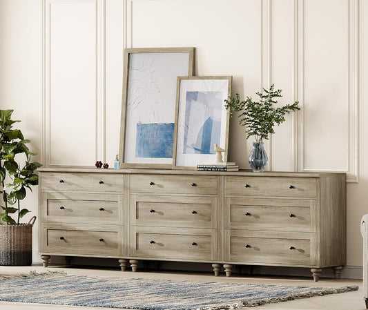 WAMPAT Dresser for Bedroom with 9 Drawers, Kids Dressers with Wide Chest of Drawers, Modern Wooden Closet Storage Organizer, Large Wood Dressers for Living Room, Nursery, Hallway, Rustic Oak