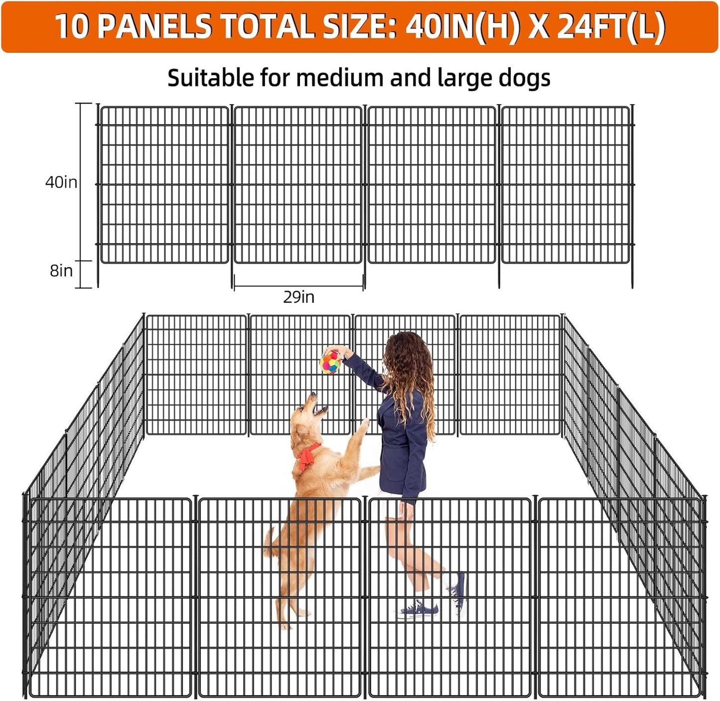 10 Panels No Dig Fence with Gate, 40 in(H) X 24 ft(L) Garden Decorative Fence Animal Barrier for Dogs, Rustproof Metal Garden Edging Border for Outdoor, Yard, Patio, Black