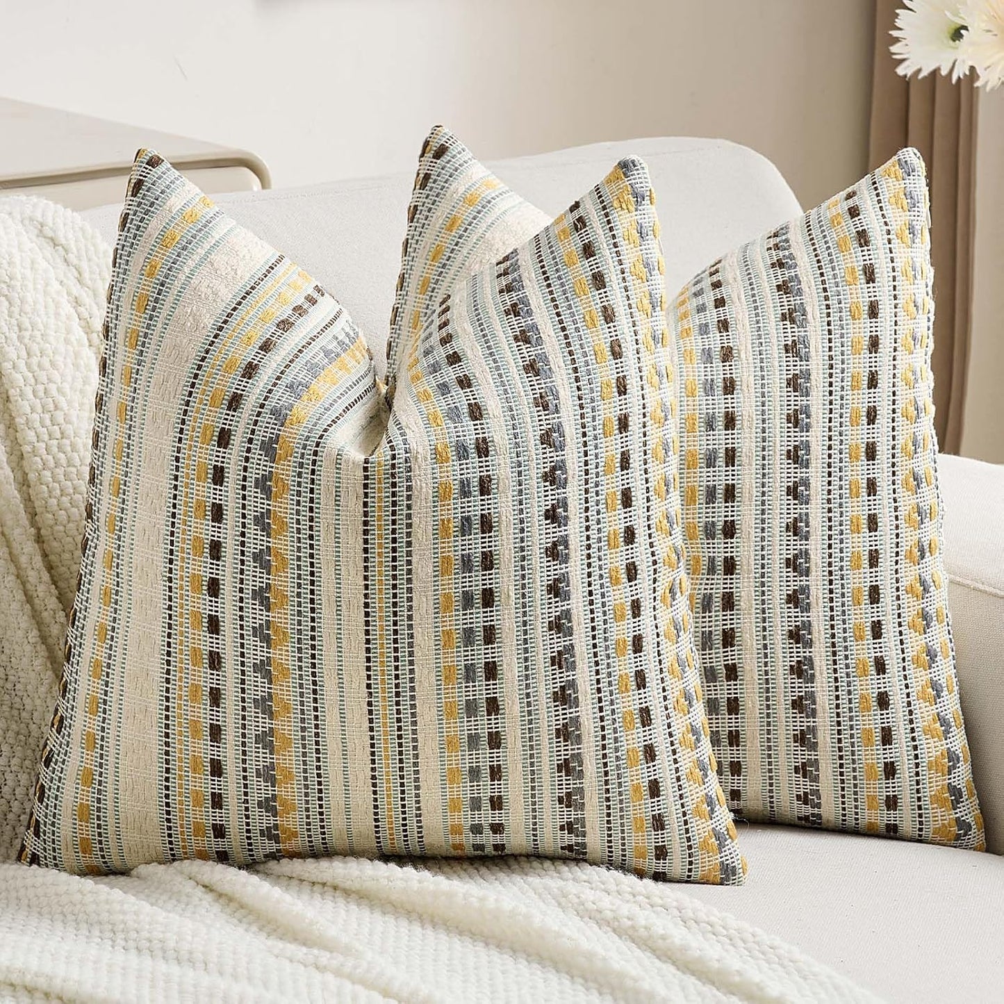 FUTEI Yellow Grey Decorative Throw Pillow Covers 24x24 Inch Set of 2,Soft Cozy Chenille Jacquard Textured Euro Pillow Shams,Boho Home Decor for Couch Bed Living Room