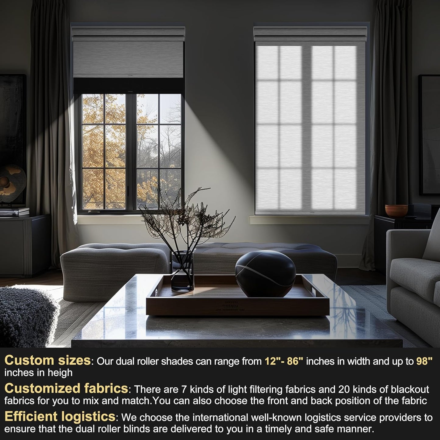 BERISSA Cordless Dual Roller Shades with Cassette Valance,Double Window Shades Blackout and Light Filtering Shades,Day and Night Roller Shades for Home Office Door.Linen Black and White.52 W x 72" H
