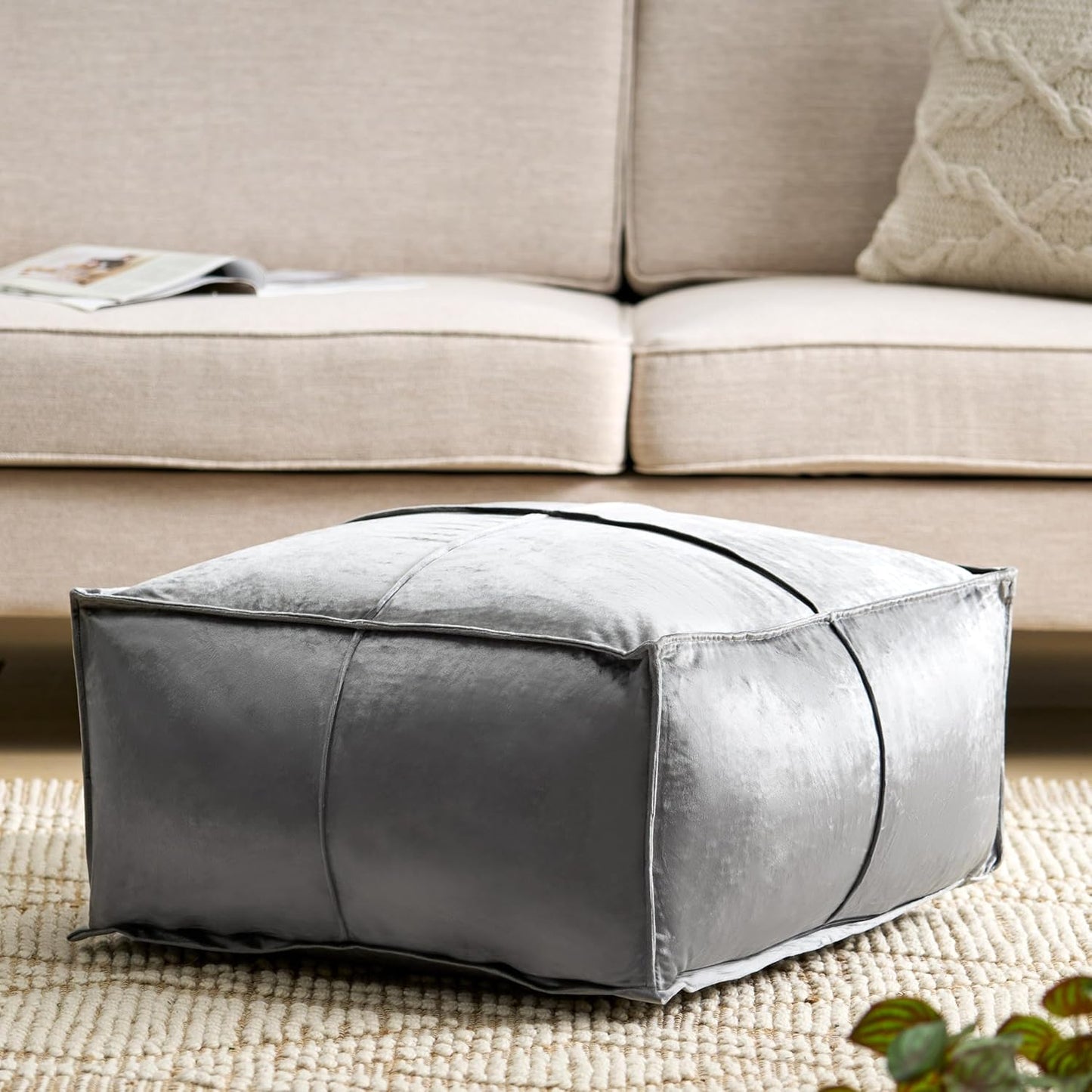 GDFStudio Modern Glam Velvet Square Pouf Ottoman Foot Stool - Bean Bag Floor Chair - Foot Rest Couch for Living Room Bedroom,Smoke,24" x 24" x 12"