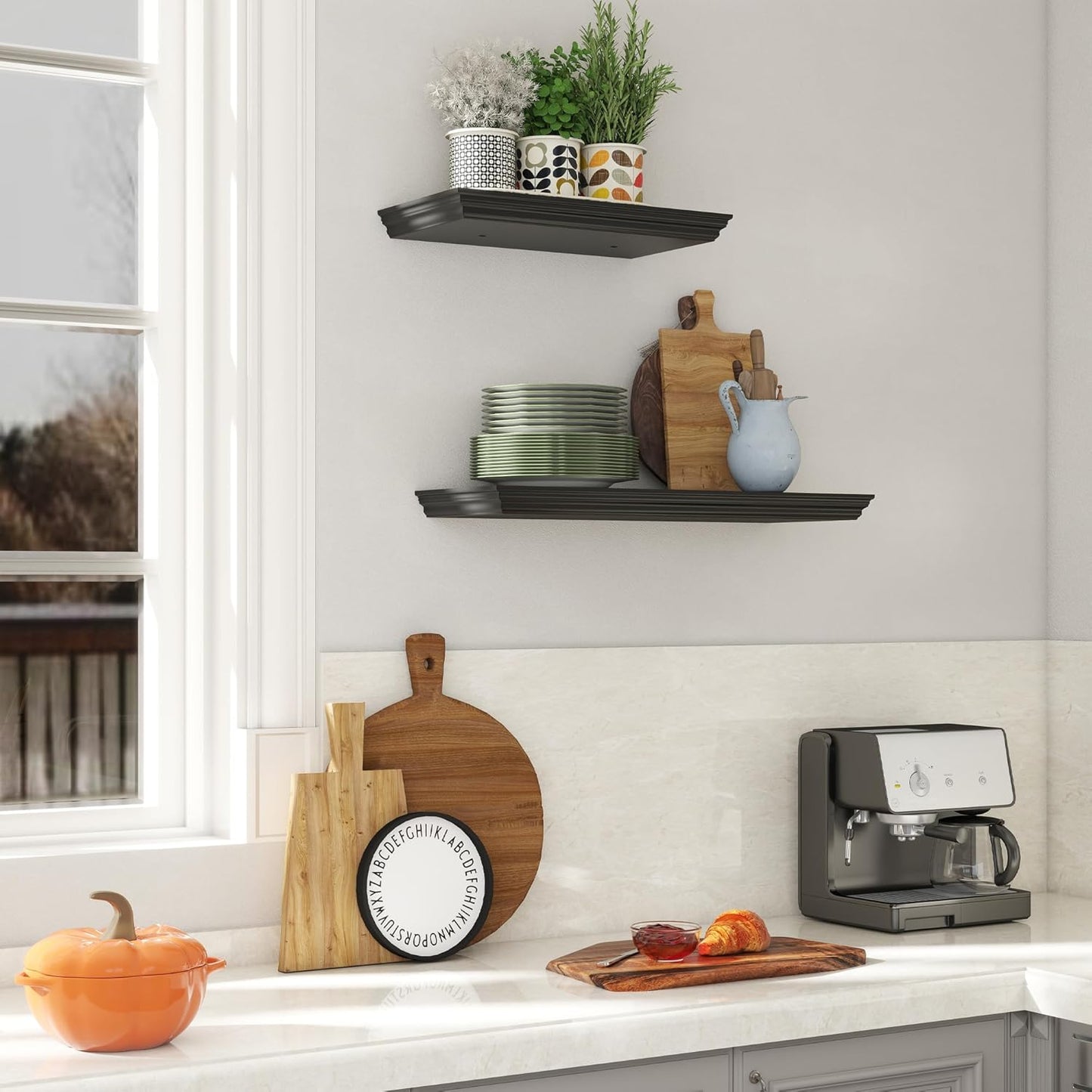 Floating Shelves for Wall, 16 Inch Wall Mounted Black Hanging Shelf for Kitchen, Living Room, Office, Bedroom, Bathroom, Retro Vintage Wood Bookshelf for House Decor