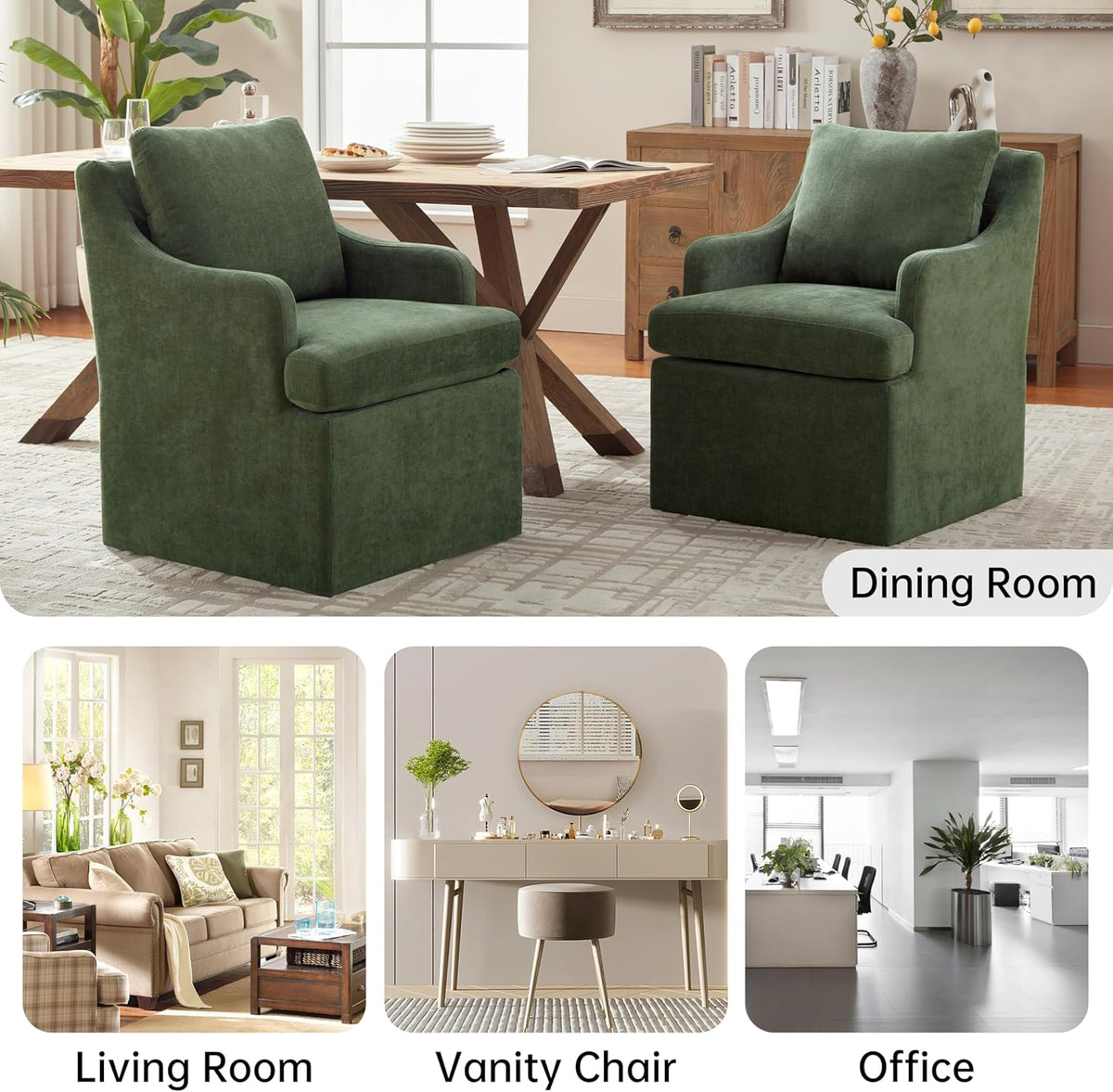 VKNOW Upholstered Dining Chairs Set of 2, Modern Kitchen Chair Dinner Chairs with 4 Casters, Linen Armchair for Bedroom Reading Room, Green