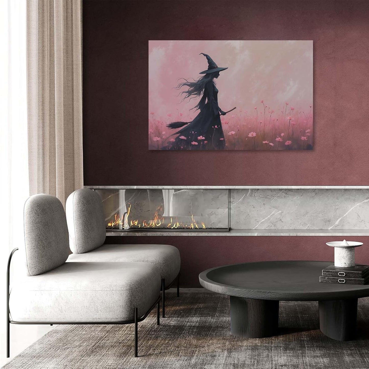 JFHCQJPK Witch in the pink sea of flowers Halloween prints weird flowers wall art silhouette painting fashionable romantic decoration suitable for bedroom28x40in Frameless