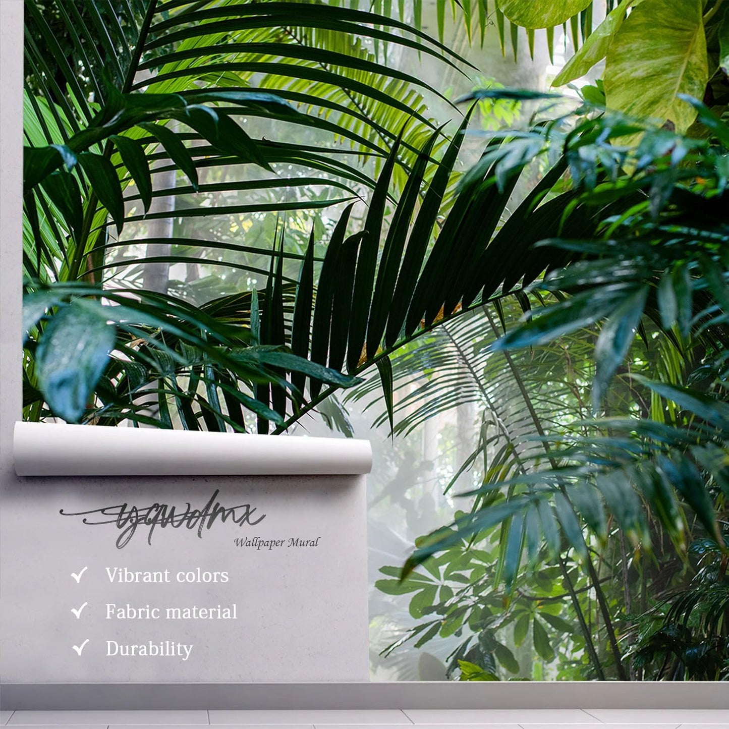 -Rainforest Leaves Fabric Wallpaper Green Trees Mural Bedroom 100" x 65" (Not Peel and Stick)