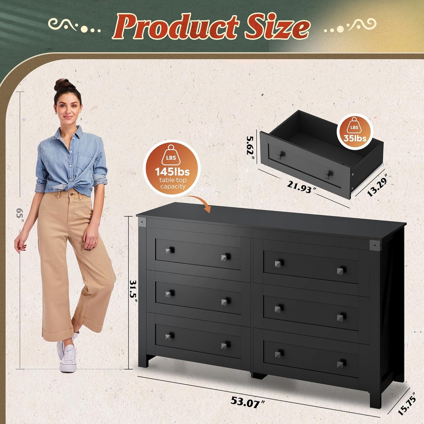WLIVE Farmhouse Black Dresser for Bedroom, 53.07'' Wide 6 Drawer Wood Dresser, Chest of Drawers with Double Rustic Handle, TV Stand for 60 inch TV, Modern Clothes Organizer for Living Room, Hallway