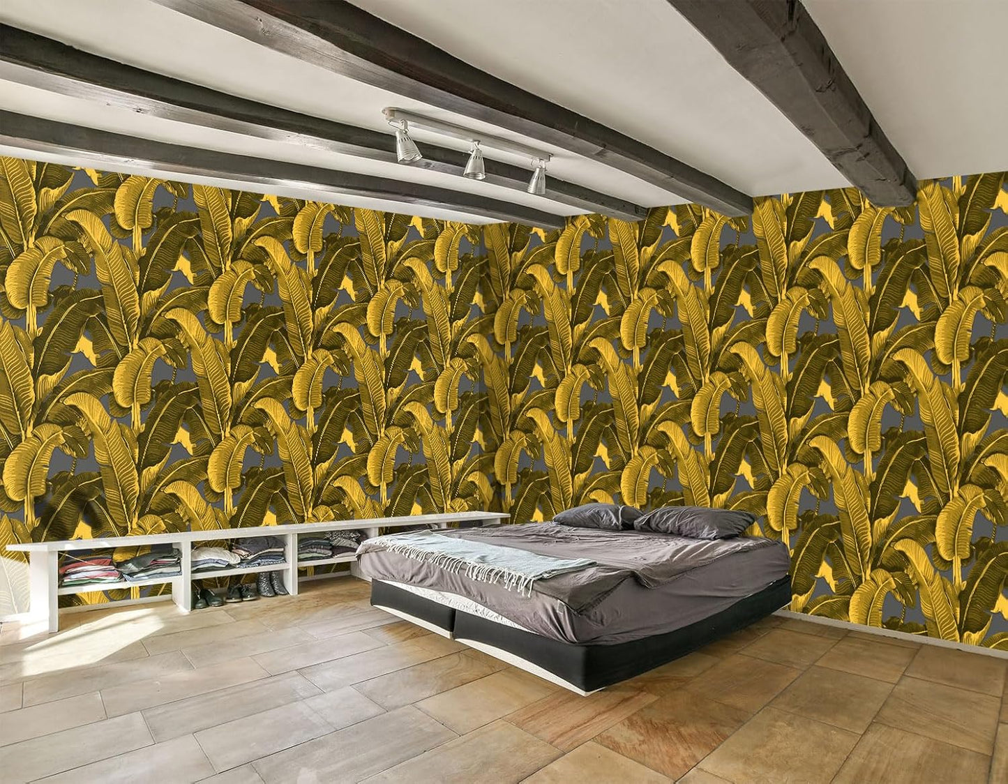 Vintage Gold Banana Leaf Bathroom wallpeper Living Room Bedroom Tropical Plant Wall Mural - 320"x108" (Not Peel and Stick)