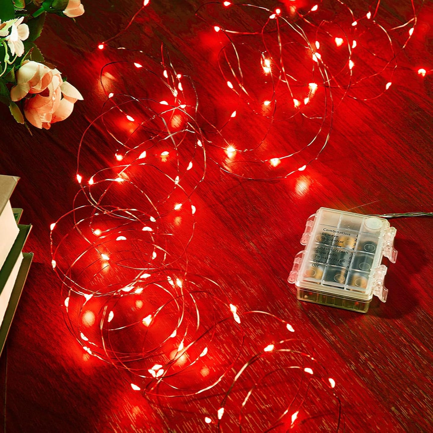 4 Pack 65.6 Ft. Battery Operated Outdoor String Lights with Remote & Timer, LED Red Fairy Lights, Waterproof Twinkle Lights for Bedroom, Dorm, Mason Jar, Wedding, Party, Christmas