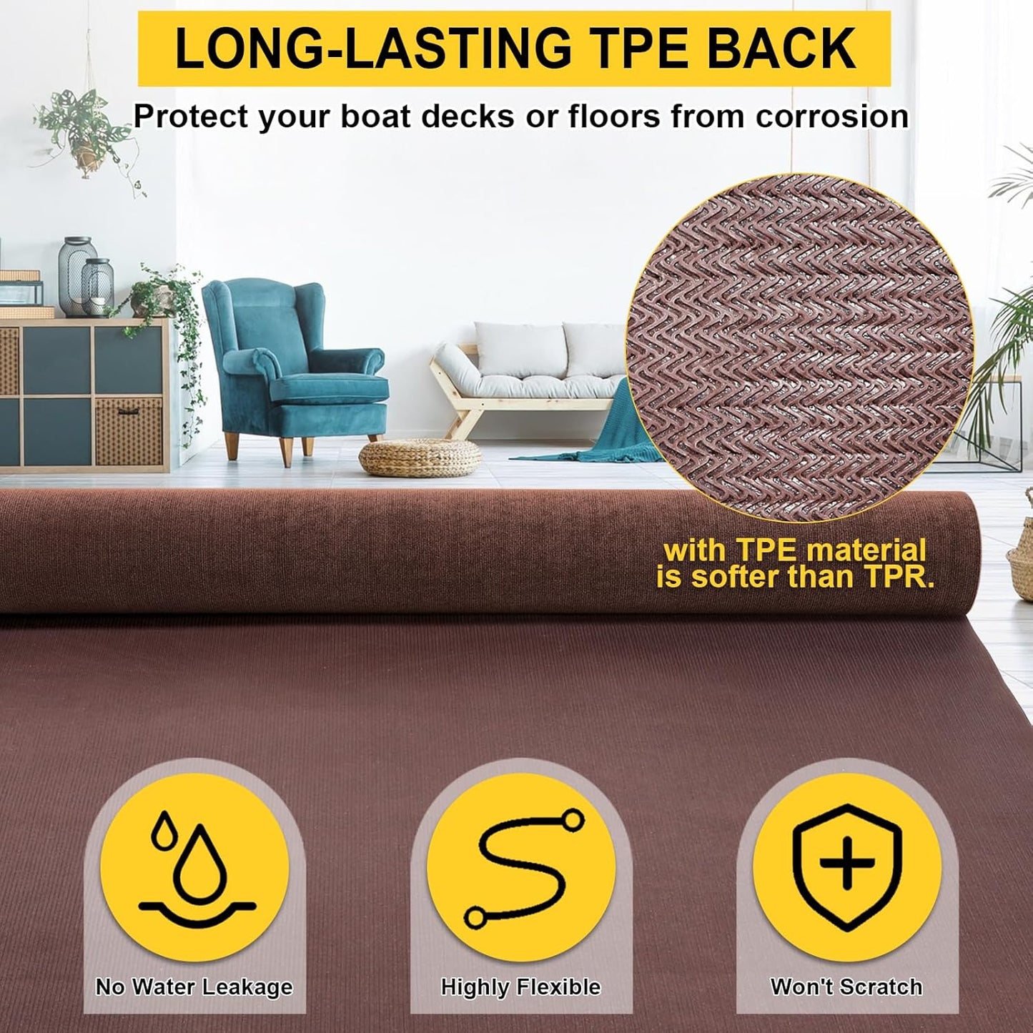 Marine 6 FT x 18 FT Brown Indoor/Outdoor Rug 0.2" Thick - Boat Carpet with Water-Proof TPE Backing, Non-Slide for Home, Patio, Porch, Deck