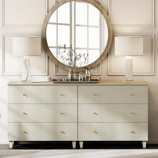 WAMPAT Dresser with 6 Drawers for Bedroom, 70.8" Wide Wooden Chest of Drawers, Modern Closet Storage Organizer Dressers with Solid Wood Legs for Living Room, Children's Room, Nursery, Beige