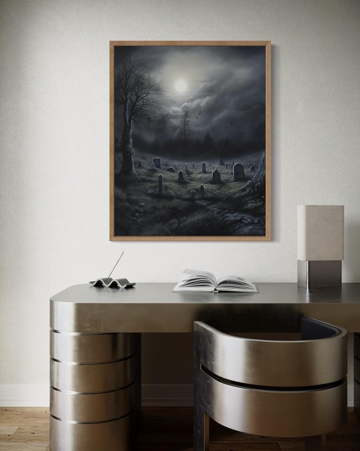 Gothic Graveyard Poster Art Print, Halloween Scary Vintage Wall Art Academia Spooky Painting Decoration for Horror Prints, Posters Bedroom Decor 89 (Gothic Graveyard, 16 x 20 inches, Wood Frame)