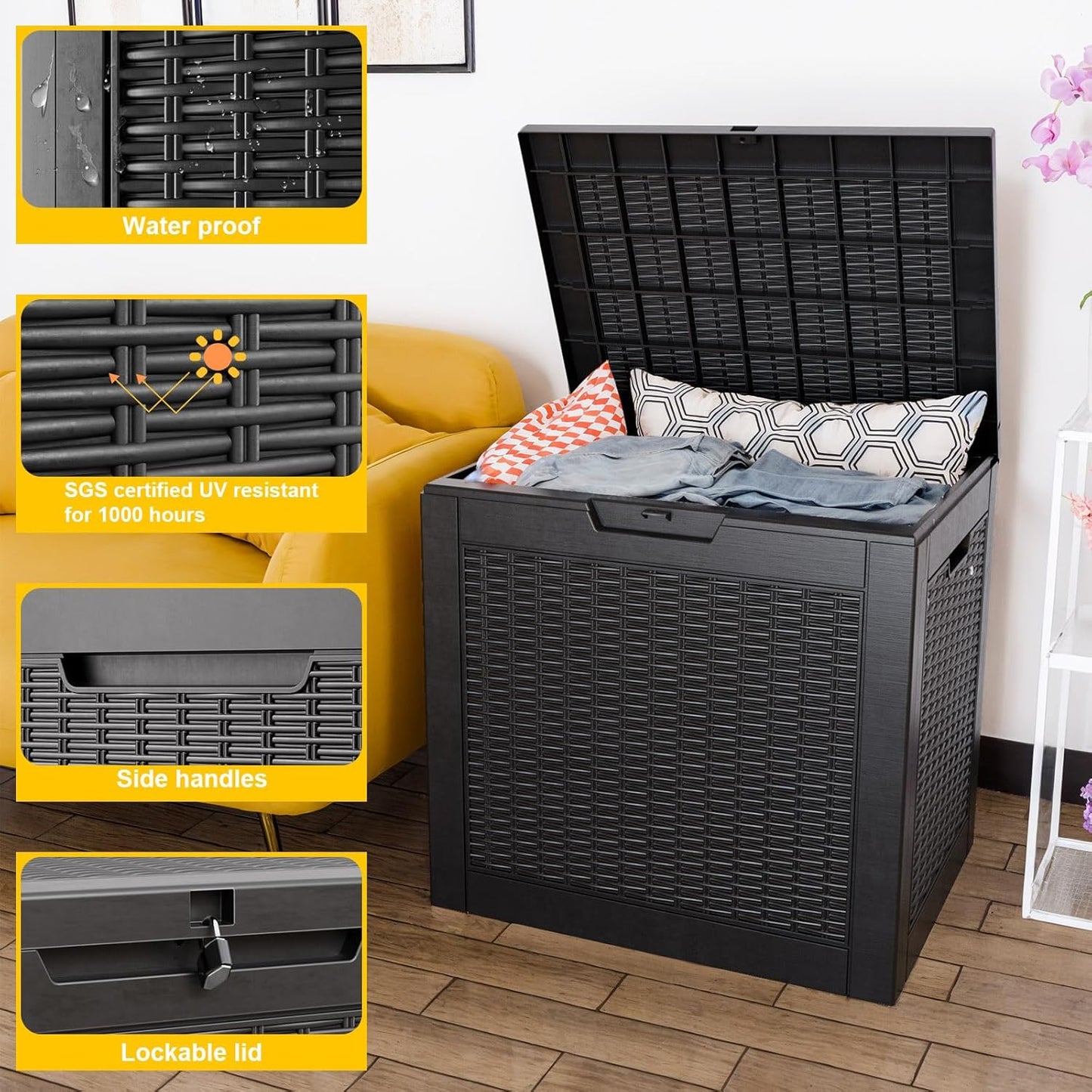 DRATO 31 Gallon Deck Box, Outdoor Storage Box for Patio Cushion, Sports Equipment, Garden Tools, Waterproof Resin Storage Box (Black)