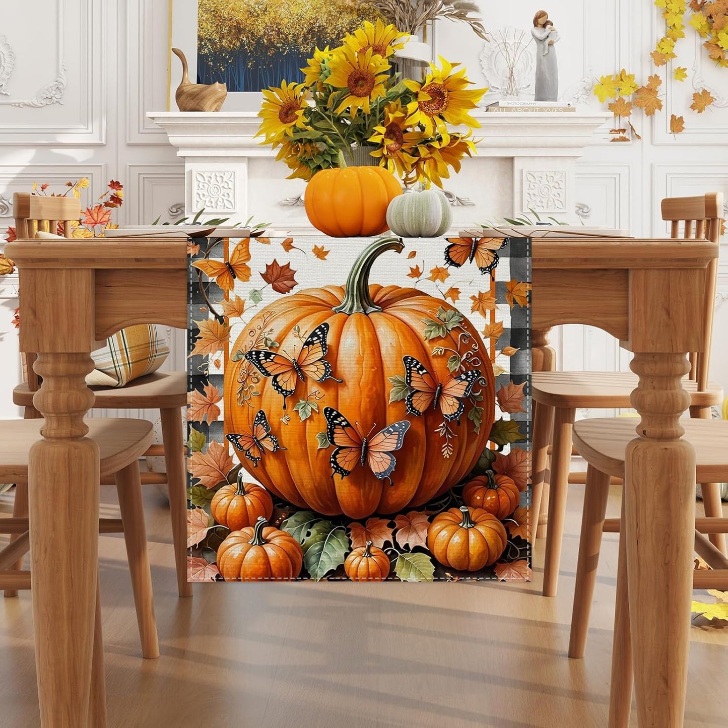 Linen Black and White Buffalo Check Plaid Fall Table Runner 60 Inches Long, Fall Leaves Pumpkin Butterfly Home Kitchen Table Decor, Farmhouse Autumn Thanksgiving Harvest Festival Decorations for Home