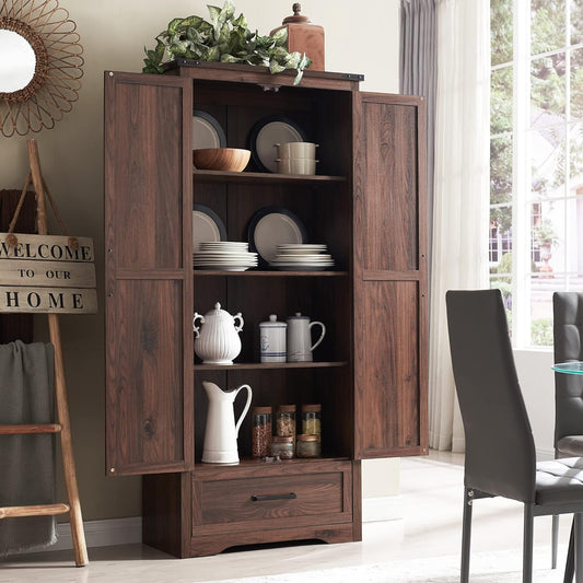 72" Tall Wood Storage Cabinet, Farmhouse Kitchen Pantry Cabinet with Adjustable Shelves & Drawer & Barn Doors, Versatile Storage for Kitchen, Dining Room, Bathroom, Brown