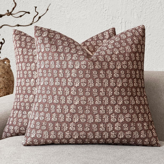 Foindtower Set of 2 Decorative Vintage Floral Print Throw Pillow Covers Neutral Modern Farmhouse Cushion Covers Boho Home Decor for Sofa Couch Chair Bedroom Living Room Outdoor,22×22 Inch,Wine Red