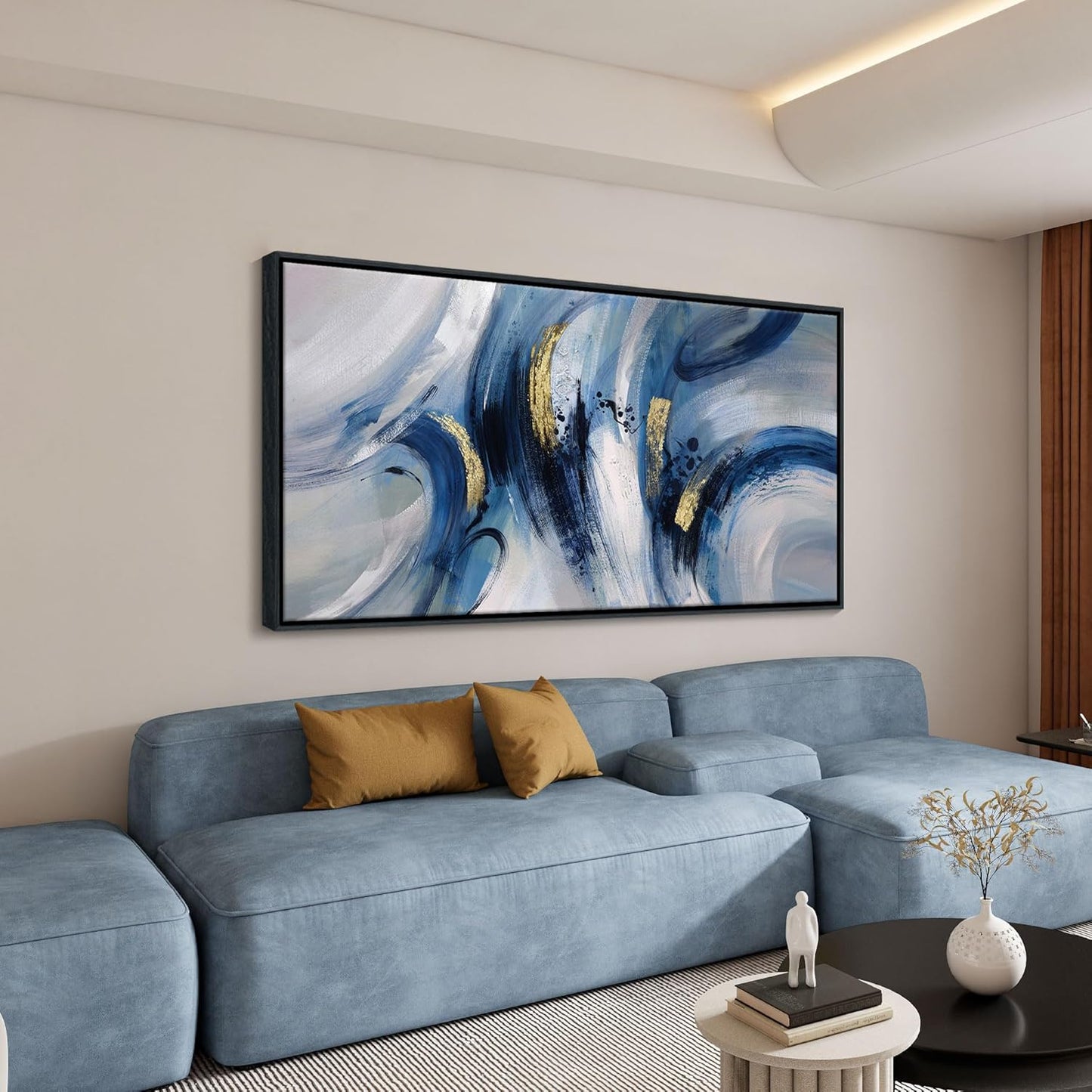 Extra Large Abstract Line Art Framed Canvas - Blue & Grey Modern Wall Decor 30x60 Inches, Minimalist Living Room Art, Oversized Office Painting, Ready to Hang