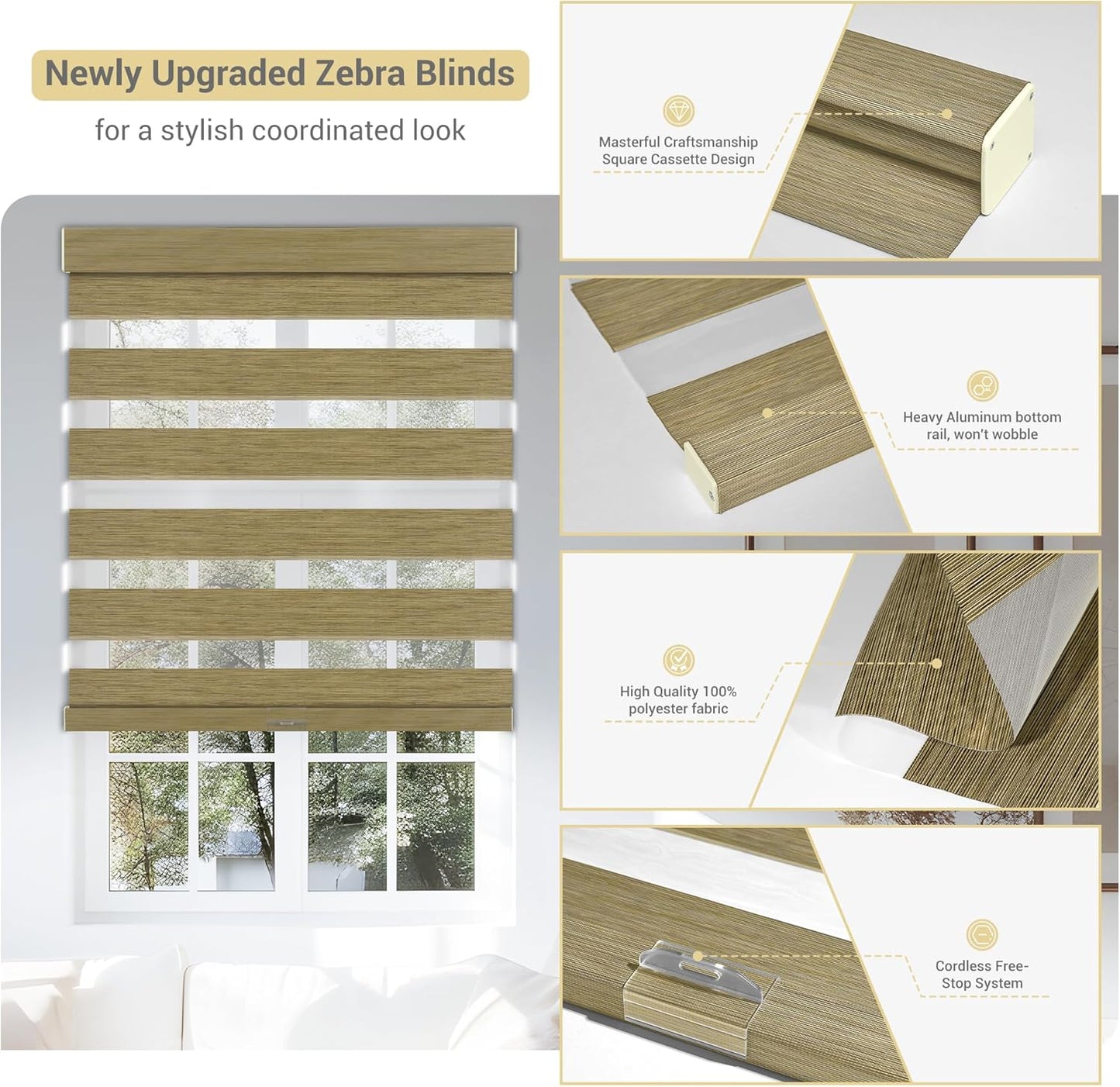 Cordless Zebra Blinds for Windows, Blackout Interior Blinds,Easy to Install,UV Protection,for Offices and Home,Custom Roller Shades, Mousse Light Bown,14" W x 36" H
