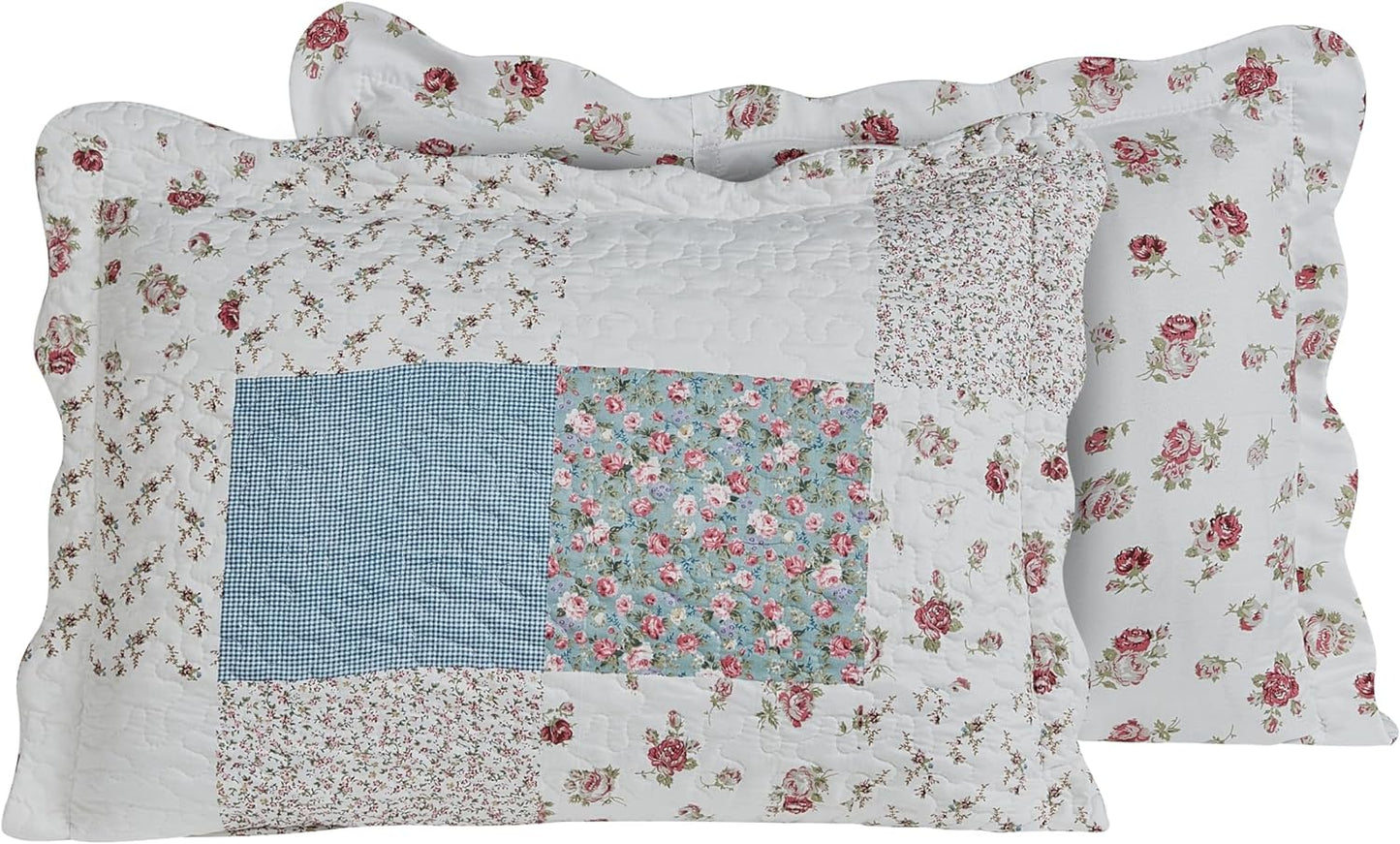 Brilliant Sunshine Pink Rose with Small Blue Check Patchwork, 3-Piece Quilt Set with 2 Shams, Reversible Bedspread, Soft Lightweight Coverlet, All-Season, Full/Queen, Pink Blue
