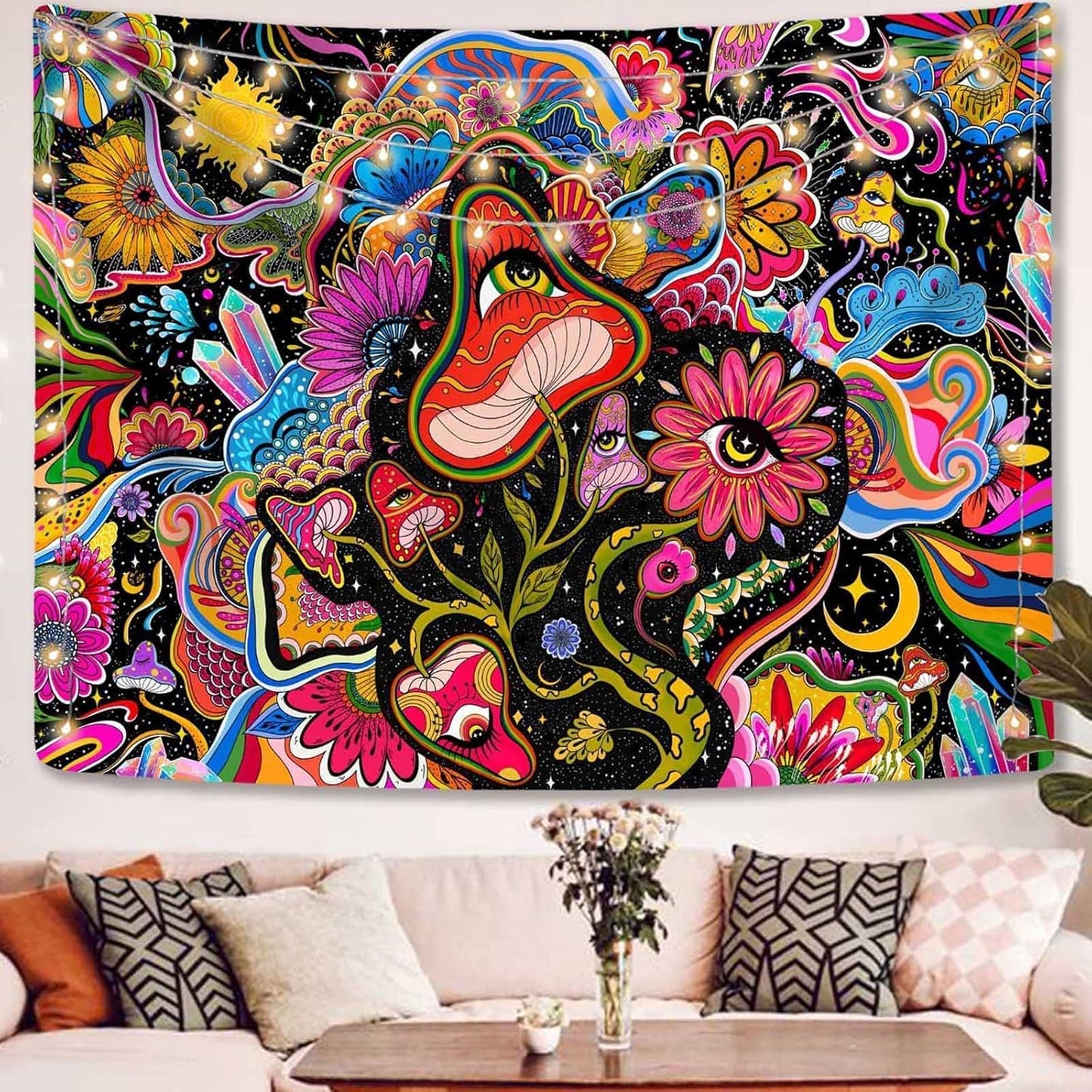Lunerfex Mushroom Tapestry Pink Flowers Tapestry for Bedroom Aesthetic Tapestries Cute Floral Tapestries Wall Hanging for Bedroom and Living Room Decor Pink Flowers 70×90 Inches