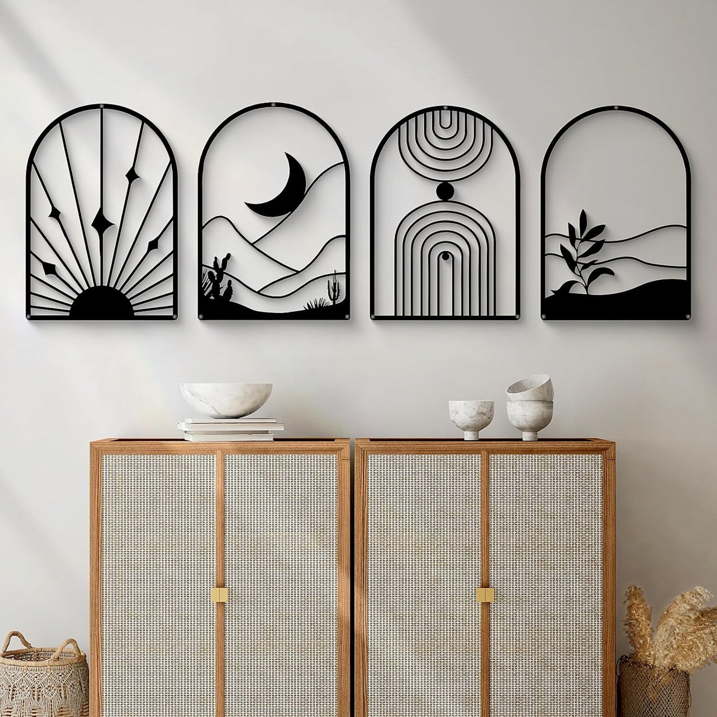 Glamativity 4 Pack Black Abstract Metal Wall Art, Minimalist Décor Single Line Art Wall Décor, 3D Textured Metal Wall Sculptures, for Living Room Bedroom Bathroom Study Room (Black Boho, L Size 22.5 x 15.7'')
