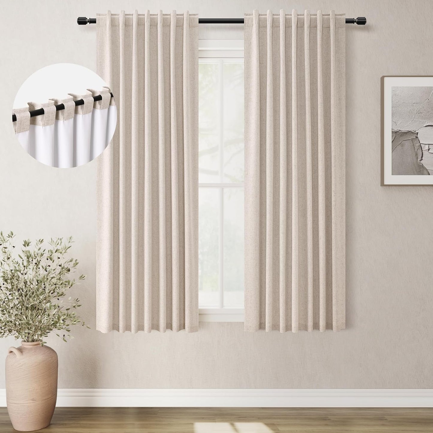 BOODII Oatmeal Linen Black Out Curtains 63 Inch Long 2 Panels Set for Bedroom Light Blocking Curtains Greige with 100% Blackout Backing Warm Taupe Thermal Insulated Room Darkening Nursery Curtain