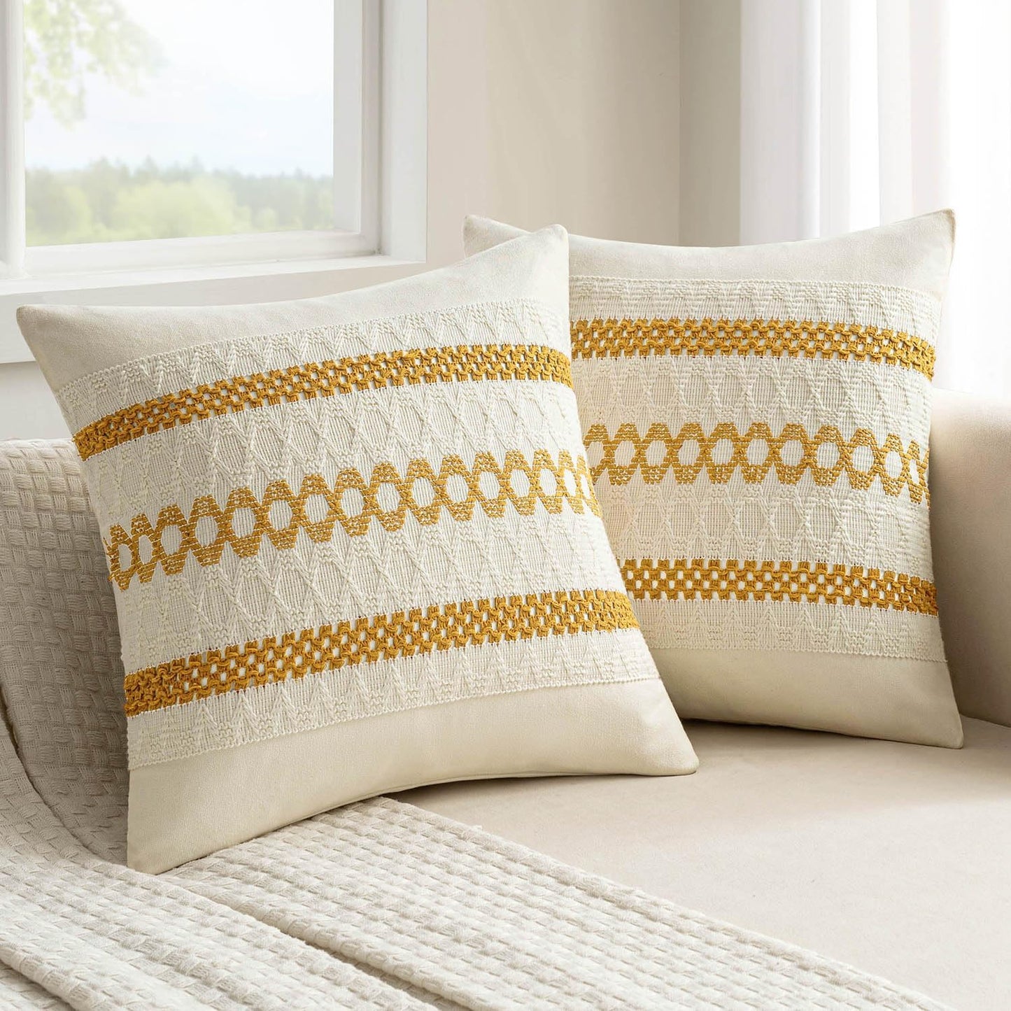 MIULEE Set of 2 Mustard Yellow Boho Decorative Pillow Covers 20x20 Inch Farmhouse Rustic Couch Throw Pillows Modern Spring Cotton Cushion Covers Retro Cute Macrame Woven Home Decor for Bed Sofa Chair
