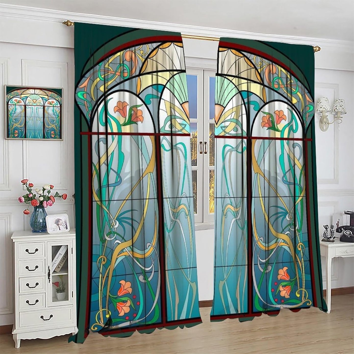 Stained Glass Curtains, Retro Mid Century Boho Abstract Art Home Decor Drapes for Bedroom Living Room Kitchen Window Treatment 2 Panels Set Total Size 63" W X 72" L Inch