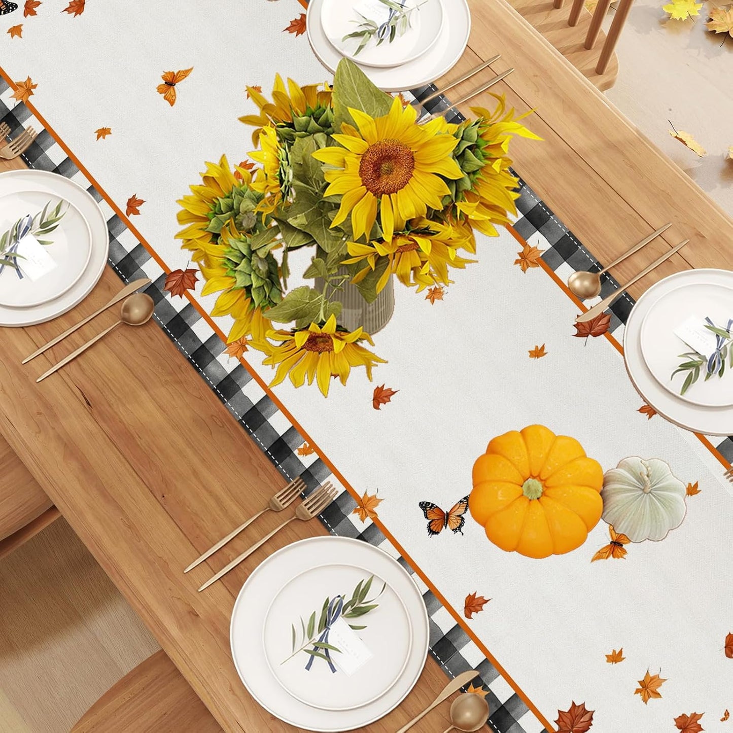 Linen Black and White Buffalo Check Plaid Fall Table Runner 72 Inches Long, Fall Leaves Pumpkin Butterfly Home Kitchen Table Decor, Farmhouse Autumn Thanksgiving Harvest Festival Decorations for Home