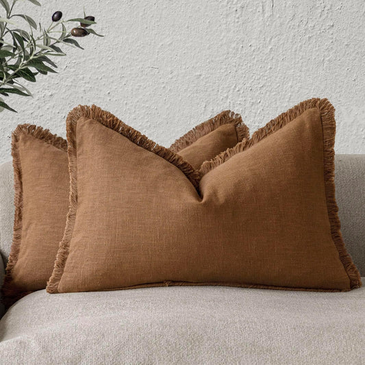 Foindtower Set of 2 Decorative Linen Fringe Throw Pillow Covers Cozy Farmhouse Cushion Cover with Tassels Lumbar Accent Pillowcase for Couch Bed Living Room Home Bedroom Decor, 12×24 Inch,Orange Brown